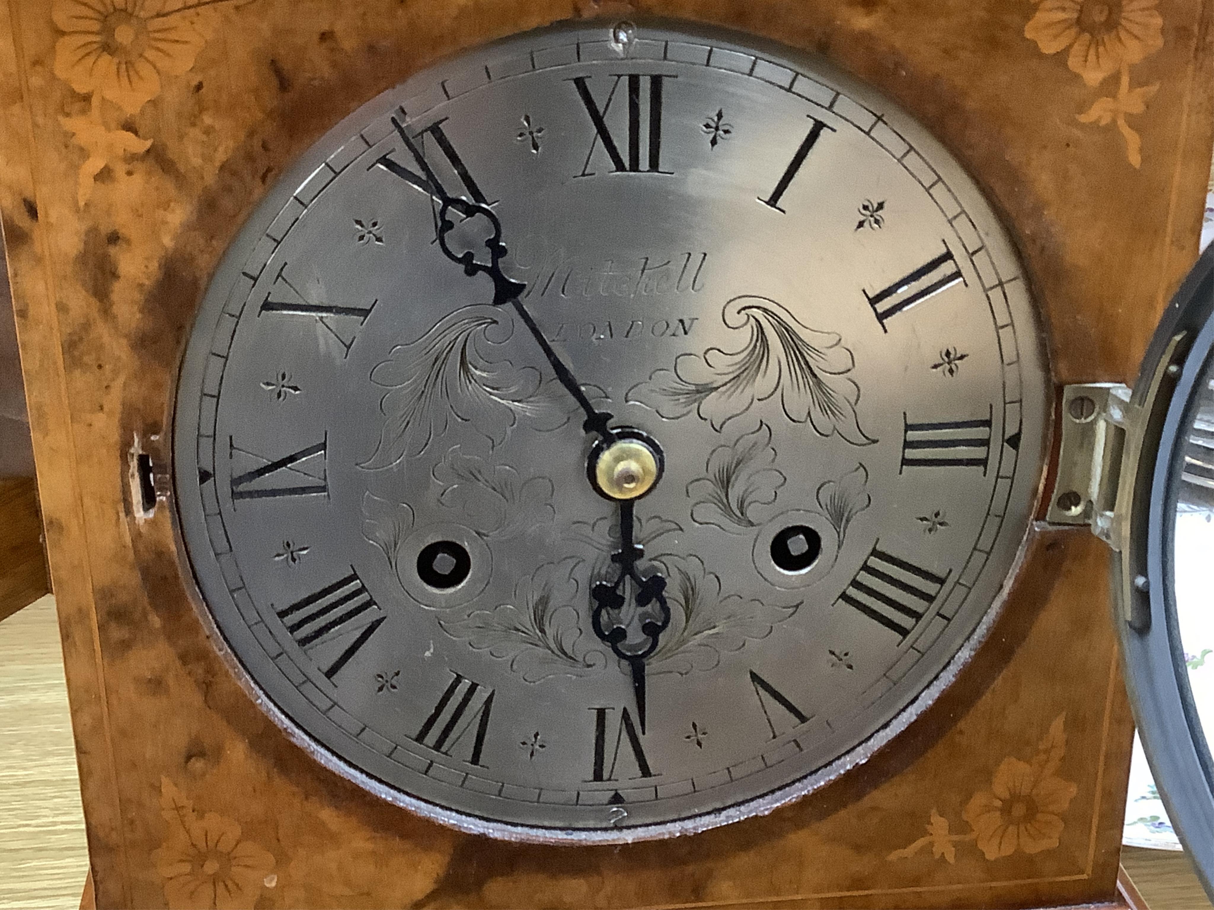 A Victorian burr walnut and marquetry dome topped cuckoo clock, signed Mitchell, London, with oak bracket, 41cm high